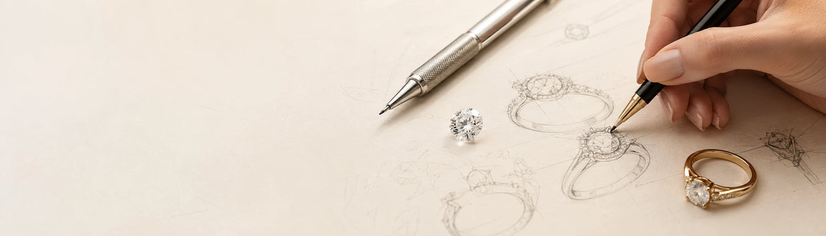 Expert jeweler examining a diamond ring above hand-drawn jewelry sketches