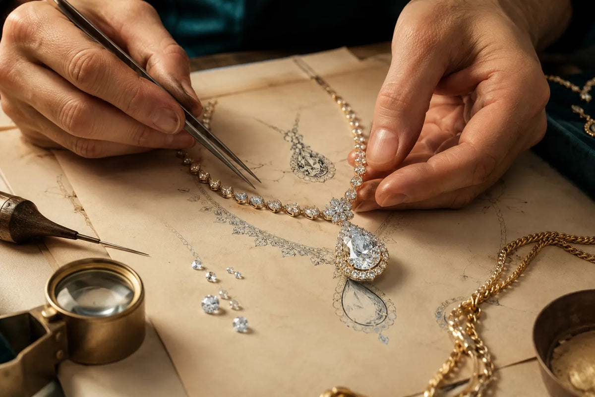 Jeweler working on a fine jewelry design beside diamond jewelry sketches